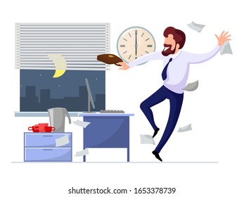 Happy Businessman Rejoices At The End Of Working Day, Week Or Beginning Of Vacation. Bearded Man In Formal Suit With Briefcase Hurry Up, Leaving Office At 6 PM Quickly. Vector Cartoon Illustration.