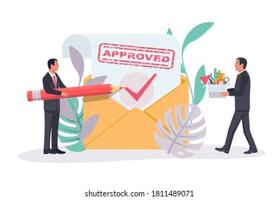 Happy businessman rejoices at a positive response. Letter with message Approved. Landing page green approved stamp. Vector illustration flat design.Isolated on white background. Give an agreement.