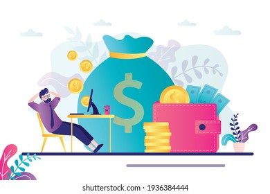 Happy businessman relaxes at workplace. Concept of passive income and freelance. Money bag and wallet on background. Male character making money online. Financial freedom. Flat vector illustration - Shutterstock ID 1936384444
