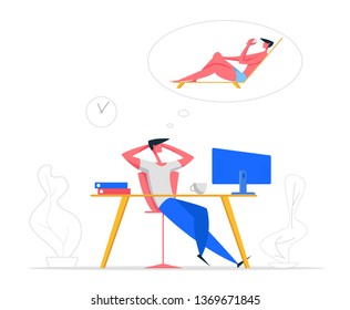 Happy Businessman Relaxing at Office Workplace and Dreaming About Tropical Vacation. Male Character Sitting at Work Table with Computer Thinking about Summer Beach. Flat Vector Cartoon Illustration