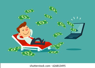 Happy businessman relaxing on beach chair while money come out of his laptop screen.