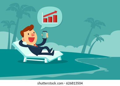 Happy businessman relaxing on beach chair and looking at bar chart on smart phone screen. Remote working concept.