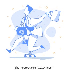A happy businessman is riding a chair in line style. Vector illustration of a cheerful man in a business suit with a briefcase.