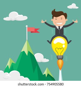 Happy businessman riding idea light bulb flying through the sky. Business success concept - Vector illustration