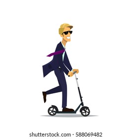 Happy businessman riding on scooters. Businessman to go to work on the scooter. Vector illustration of a flat design.