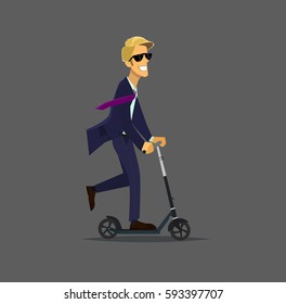 Happy businessman riding on scooters. Businessman to go to work on the scooter. Vector illustration of a flat design.