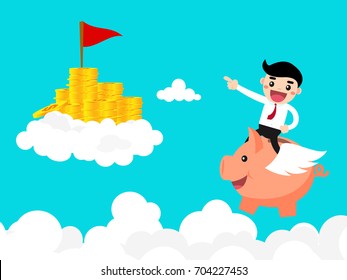 happy businessman riding piggy bank and flying to his money goal./success business and saving money concept.