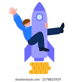 happy businessman riding a rocket with money boost, business growth, financial success, startup investment, flat vector illustration