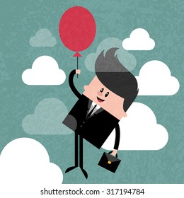 Happy businessman rises to the balloon in the sky, business concept in way to success and progress. Concept  illustration. Vector flat design. Trendy graphic cartoon style. Cute funny card
