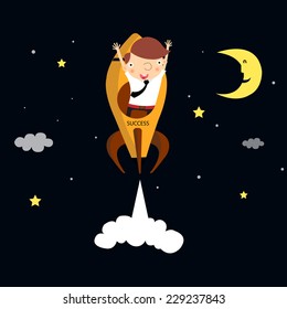 Happy businessman in rocket flying in outer space,vector,illustrator.
