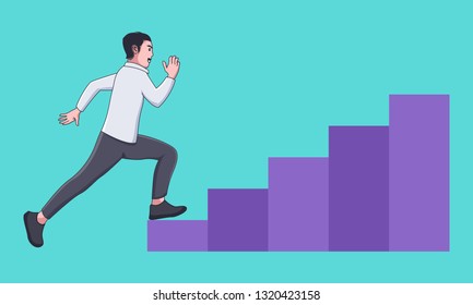 Happy Businessman run and jump up stairs
