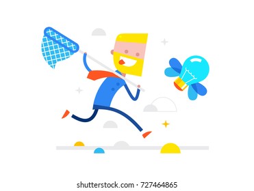 A happy businessman is running after an idea with wings. Flat vector illustration