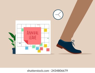 Happy businessman running from calendar with annual leave note. Day off to rest from hard work, schedule reminder of annual leave. Flat vector illustration.