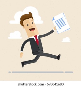 Happy businessman running with contract in his hand. Concept of successful business. Vector, illustration, flat