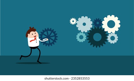 Happy Businessman Running with Gear to Connect to Mechanism. Success and determination concept vector