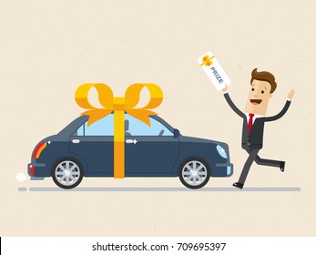 Happy businessman running with lottery ticket in hand. The car with yellow ribbon bow is a prize. Businessman won a car. Vector, illustration, flat