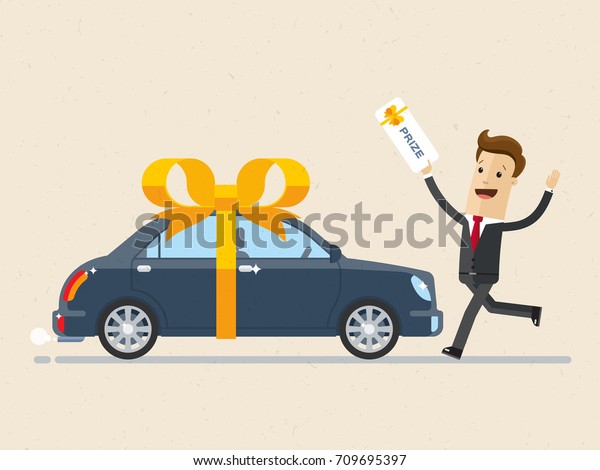 Happy businessman running with lottery\
ticket in hand. The car with yellow ribbon bow is a prize.\
Businessman won a car. Vector, illustration,\
flat