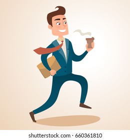 Happy businessman is running with morning coffee. Office worker, employee late for work, hurry, run. Vector flat design