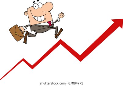 Happy Businessman Running Upwards On A Statistics Arrow