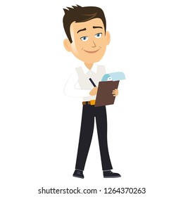 Happy businessman salesman manager person standing writing something on a notepad task list paper
