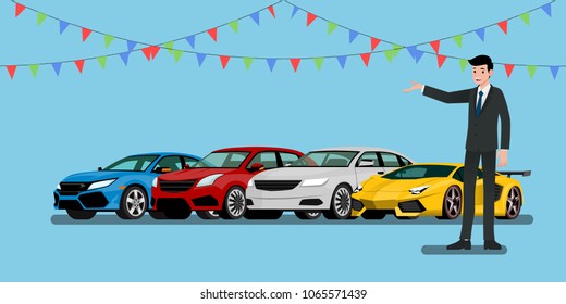 A happy businessman, salesman is standing and present  his vehicles and super car for sell or rent that parked in the shop.Vector illustration design.