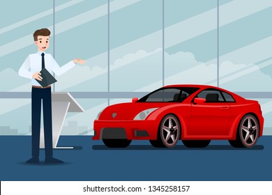 A happy businessman, salesman is standing and present  his luxury car that parked in the show room.Vector illustration design.