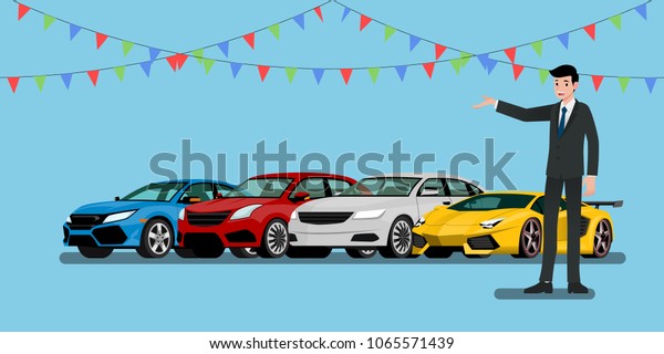 A happy businessman, salesman is
standing and present  his vehicles and super car for sell or rent
that parked in the shop.Vector illustration
design.
