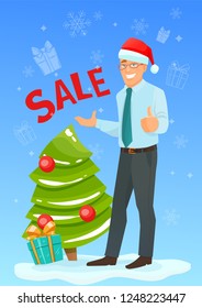 Happy businessman in Santa hat advertises discounts. Christmas sales concept. Vector illustration with christmas tree and gifts.