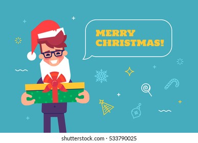 Happy businessman in santa hat with beard giving gift box with  Merry Christmas and New Year icons on background. Vector illustration.