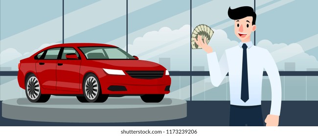 Happy businessman, seller stand and holding money in front of luxury car that parking in large showroom in the city.