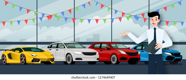 Happy businessman, seller stand and holding a clipboard in front of group luxury car that parking in large showroom in the city.