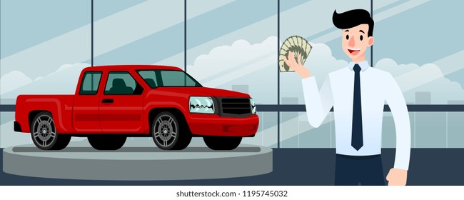 Happy businessman, seller stand and holding money in front of luxury car that parking in large showroom in the city.