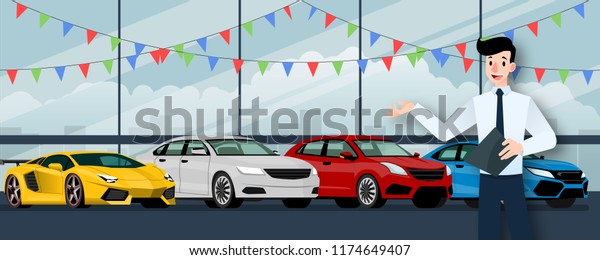 Happy businessman, seller stand and holding a\
clipboard in front of group luxury car that parking in large\
showroom in the city.