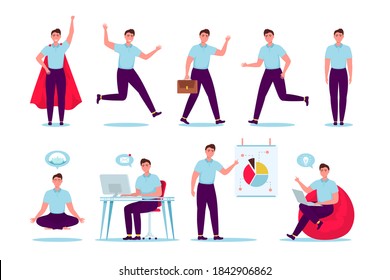 Happy businessman. Set of man character, office worker male manager in various poses and situations. Vector illustration in cartoon style. Super hero, meditating, working, jumping, walking, standing.