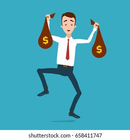 Happy businessman in a shirt with bags of money in his hands jumping with happiness