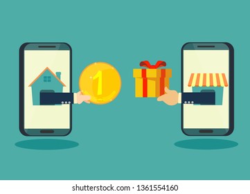 Happy businessman shopping online . E-commerce concept. Stock flat vector illustration.