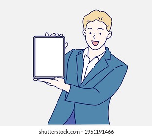 Happy businessman showing blank tablet computer screen. Hand drawn in thin line style, vector illustrations.