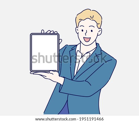 Happy businessman showing blank tablet computer screen. Hand drawn in thin line style, vector illustrations.