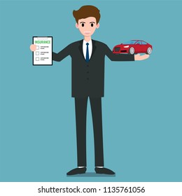 Happy businessman showing car insurance and small car.Vector illustration.
