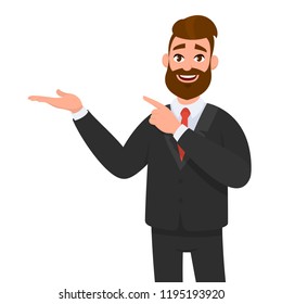 Happy businessman showing hand gesture copy space to present or introduce something and pointing index finger. Presentation, advertisement, introduce concept illustration in vector cartoon style. 