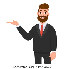 Happy businessman showing hand gesture copy space to present or introduce something. Presentation, advertisement, introduce concept illustration in vector cartoon style. 