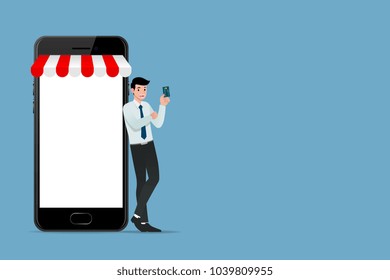 Happy businessman showing his platinum card beside of shop,  financial vector art design concept of worker and the large mobile phone, meaning that he can buy goods online by use his credits card.