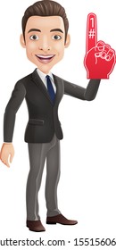 Happy businessman showing number one with foam finger