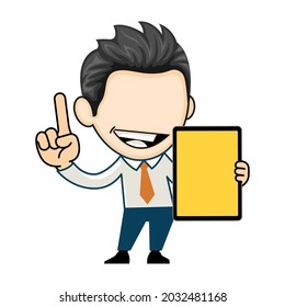 Happy businessman showing a tablet. Business concept in character cartoon vector style