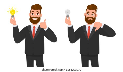 Happy businessman showing thumbs up and holding bright bulb. Unhappy business man showing thumbs down and holding bulb against isolated white background. Innovation and idea concept illustration.