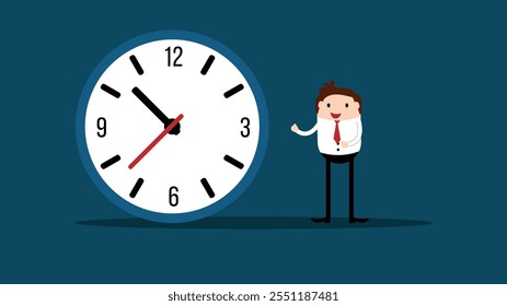 Hombre de negocios feliz que muestra el tiempo en el estilo plano del reloj. Gestión de negocios y organización del Arte vectorial de la jornada laboral