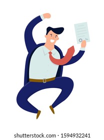 Happy businessman signed a contract. Jumping man. Vector illustration in cartoon and flat style