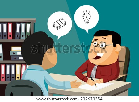 Happy businessman signs a contract. Man invests in shares. Customer service. Financial advice. Simple vector illustration.