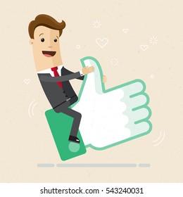 Happy businessman sits on sign "thumbs up" like on horseback. Likes and positive feedback concept. Vector, illustration, flat