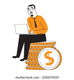 Feliz hombre de negocios sienta su pila de monedas. Hombre con portátil.Ilustración plana vectorial.Pago en línea.Trabajo independiente remoto exitoso. Aislado sobre fondo blanco.